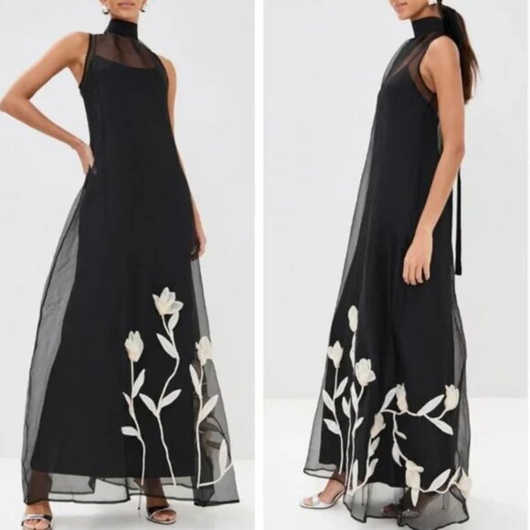 NEW STAUD Albee Maxi Dress Gown Large Black White Floral Bow Cocktail Party - Picture 1 of 8